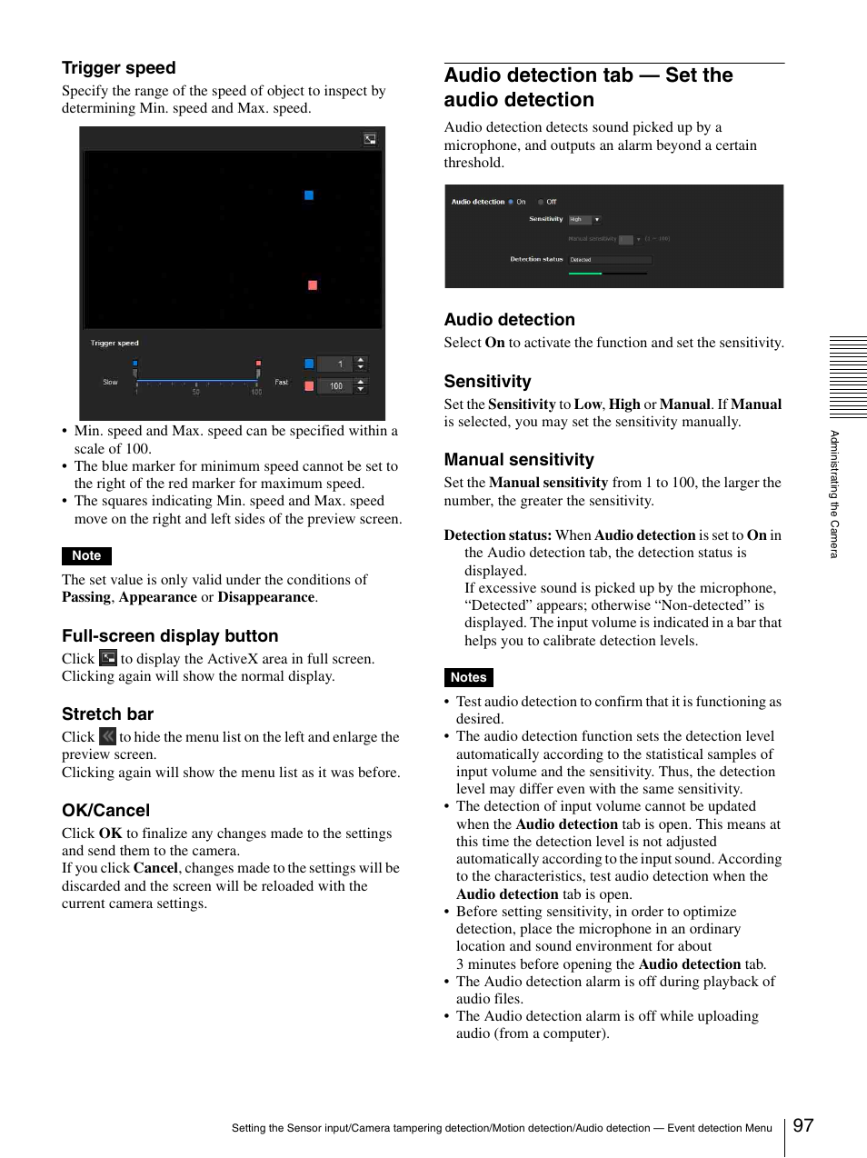 Audio detection tab - set the audio detection, Audio detection tab — set the audio, Detection | Audio detection tab — set the audio detection | Sony CH240 User Manual | Page 97 / 128