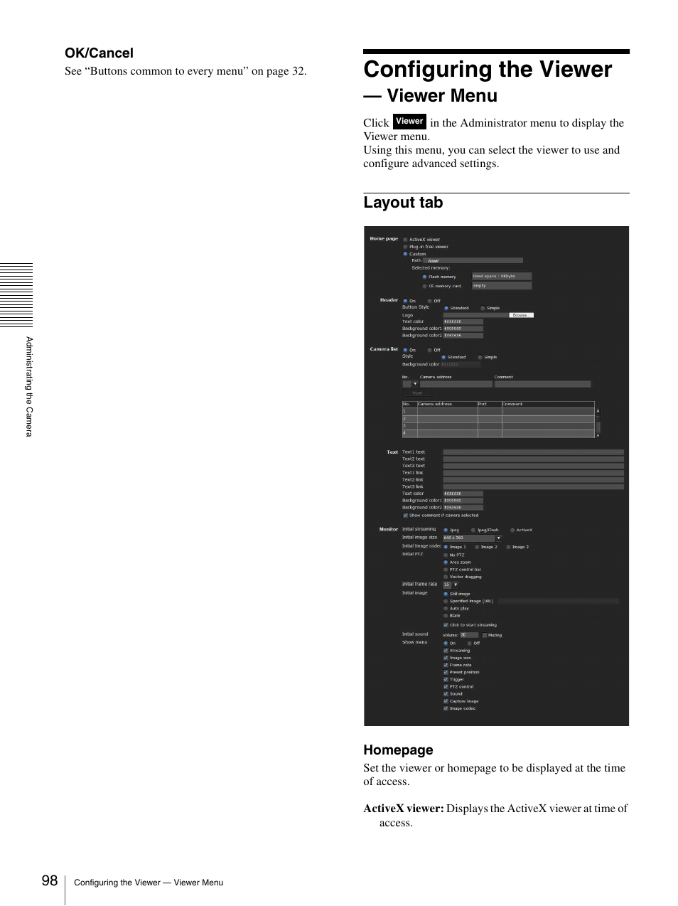Configuring the viewer - viewer menu, Layout tab, Configuring the viewer — viewer menu | Configuring the viewer, Viewer menu, Ok/cancel, Homepage | Sony CH240 User Manual | Page 98 / 128
