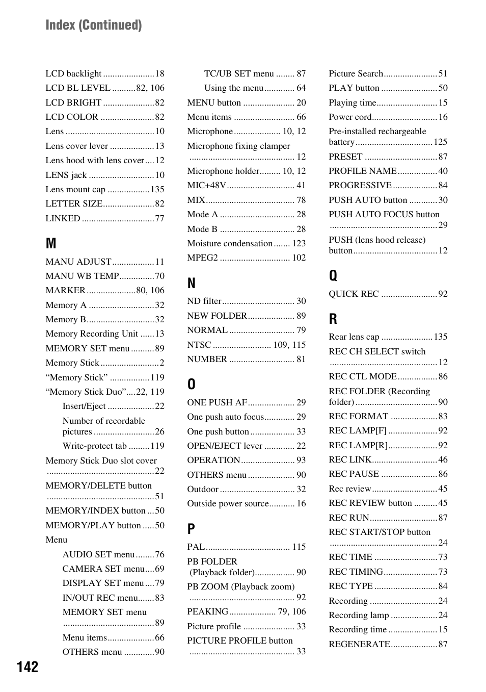 Index (continued) | Sony HVR-Z7E/Z7P User Manual | Page 142 / 146