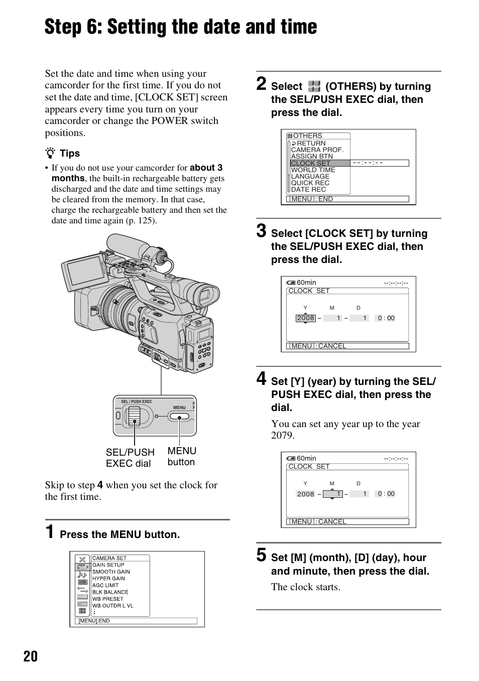 Step 6: setting the date and time, Press the menu button | Sony HVR-Z7E/Z7P User Manual | Page 20 / 146
