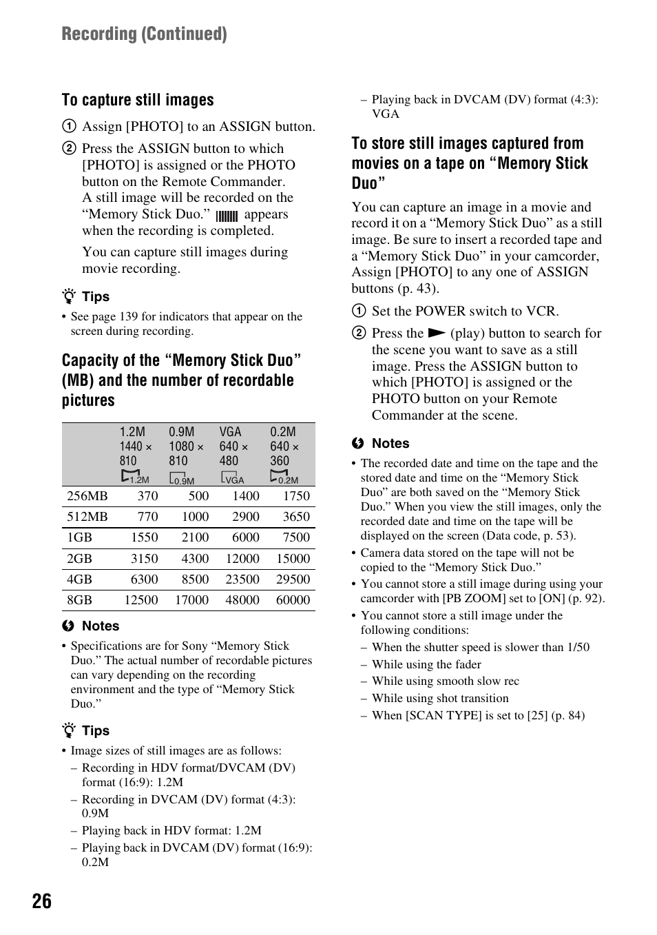Recording (continued) | Sony HVR-Z7E/Z7P User Manual | Page 26 / 146