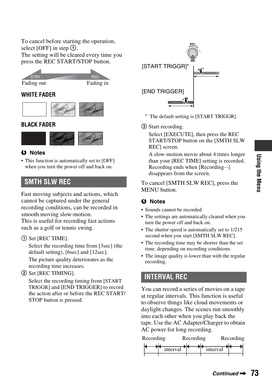 Smth slw rec, Interval rec | Sony HVR-Z7E/Z7P User Manual | Page 73 / 146