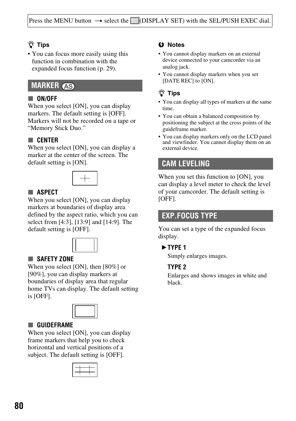 P. 80), Marker, Cam leveling | Exp.focus type, Marker cam leveling exp.focus type | Sony HVR-Z7E/Z7P User Manual | Page 80 / 146