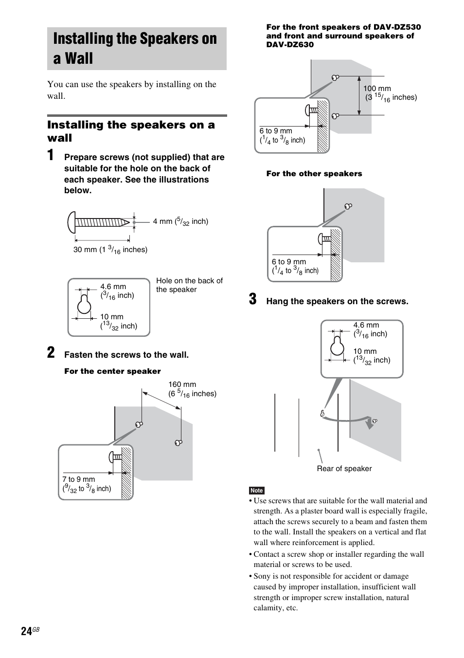Installing the speakers on a wall, You can use the speakers by installing on the wall | Sony DAV-DZ530 User Manual | Page 24 / 108