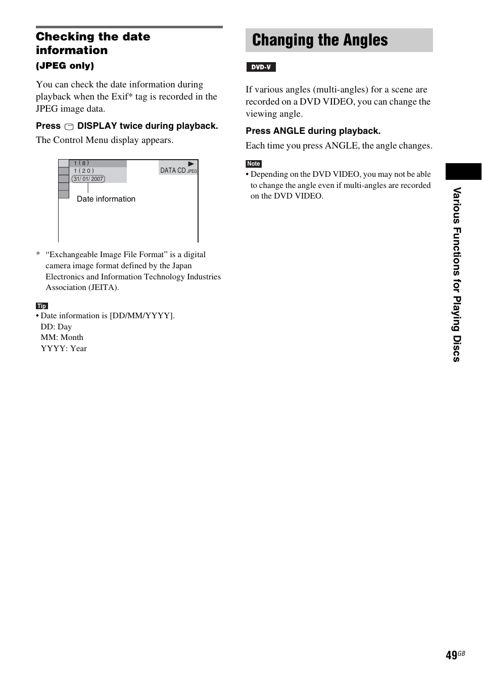 Checking the date information, Changing the angles | Sony DAV-DZ530 User Manual | Page 49 / 108
