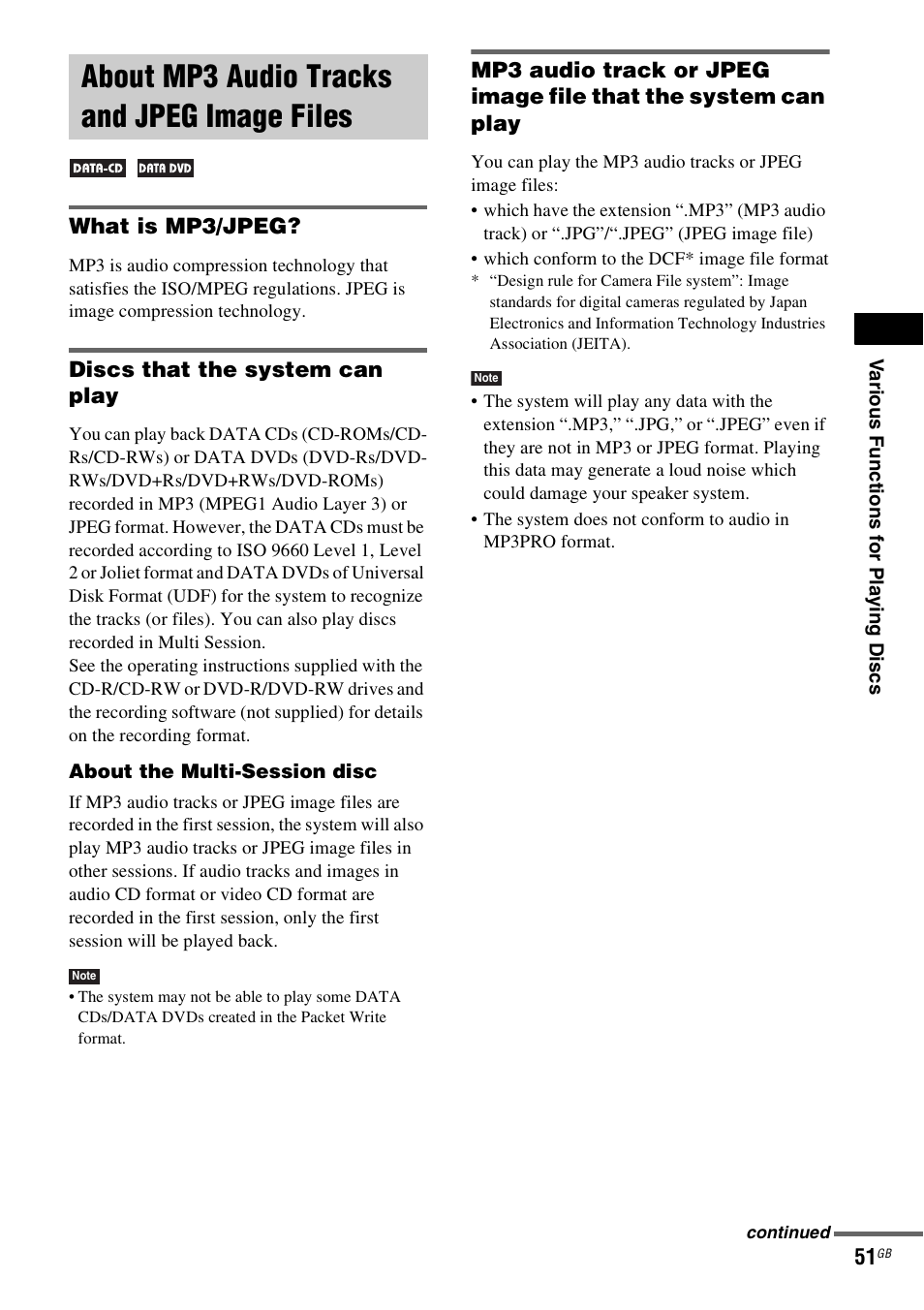About mp3 audio tracks and jpeg image files, What is mp3/jpeg, Discs that the system can play | About mp3 audio tracks and jpeg, Image files | Sony DAV-DZ530 User Manual | Page 51 / 108