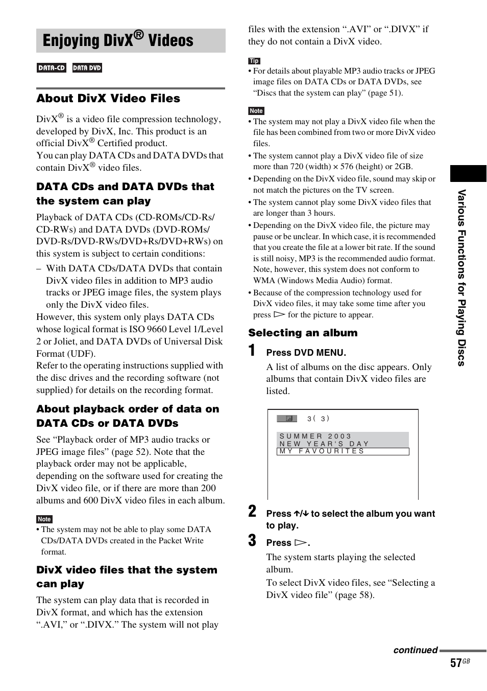 Enjoying divx® videos, About divx video files, Enjoying divx | Videos | Sony DAV-DZ530 User Manual | Page 57 / 108