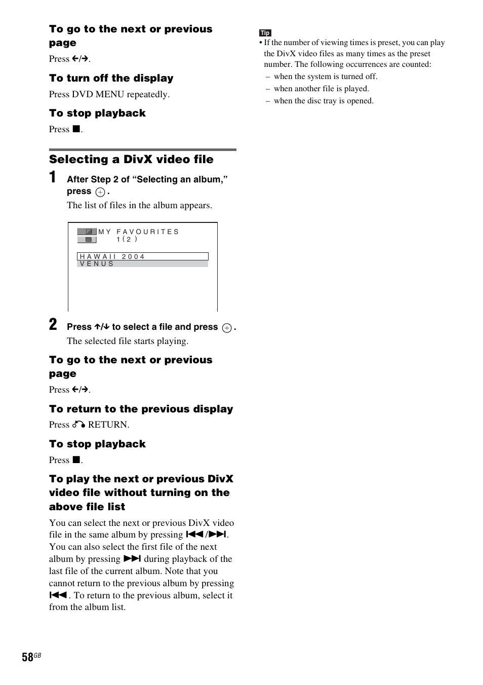 Selecting a divx video file | Sony DAV-DZ530 User Manual | Page 58 / 108