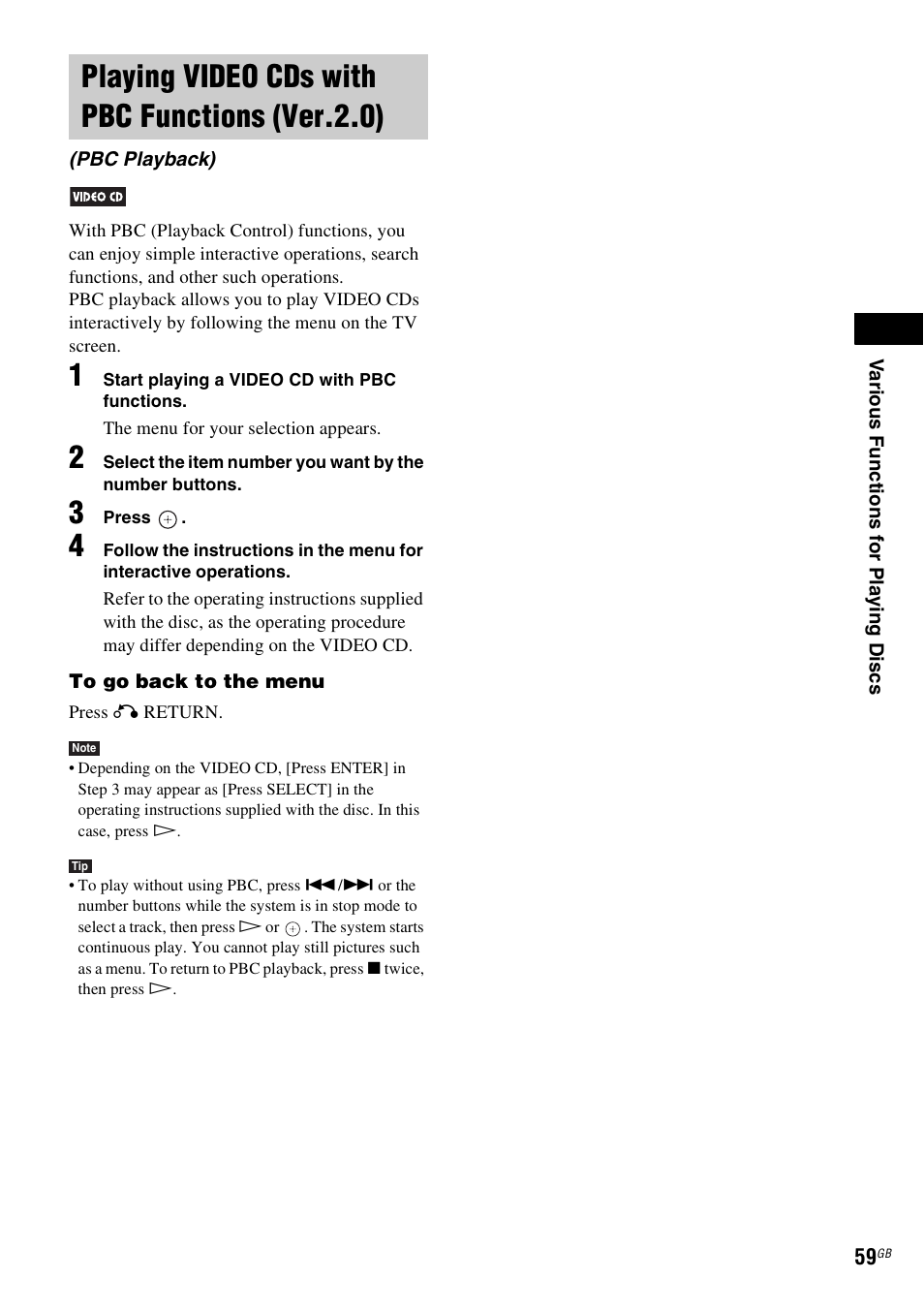 Playing video cds with pbc functions (ver.2.0), Playing video cds with pbc functions, Ver.2.0) (pbc playback) | Sony DAV-DZ530 User Manual | Page 59 / 108