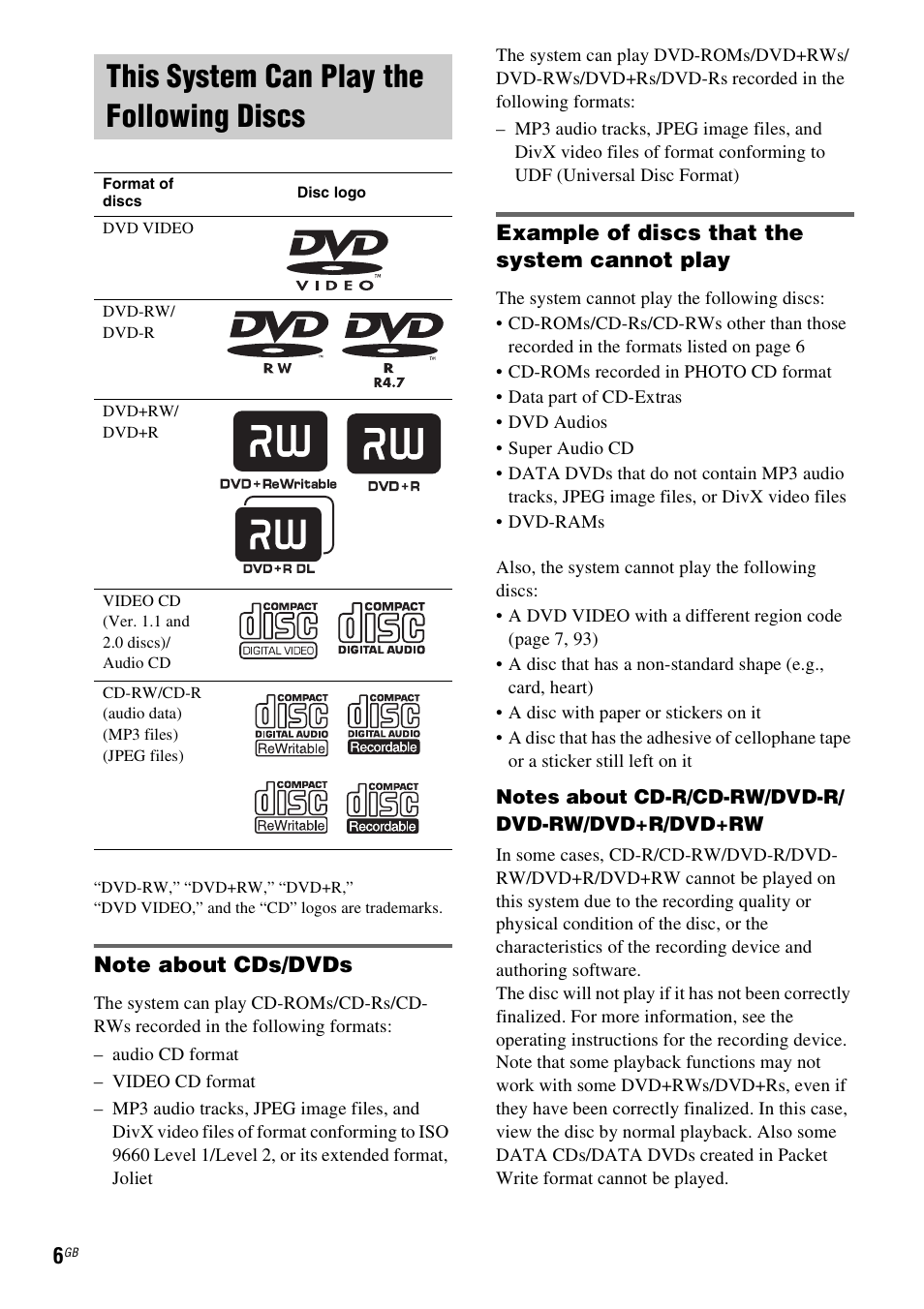 This system can play the following discs, Note about cds/dvds, Example of discs that the system cannot play | This system can play the following, Discs | Sony DAV-DZ530 User Manual | Page 6 / 108