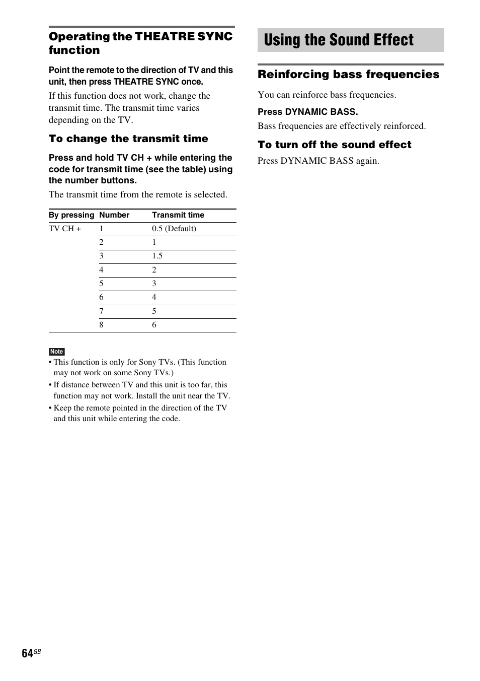 Operating the theatre sync function, Using the sound effect, Reinforcing bass frequencies | Sony DAV-DZ530 User Manual | Page 64 / 108