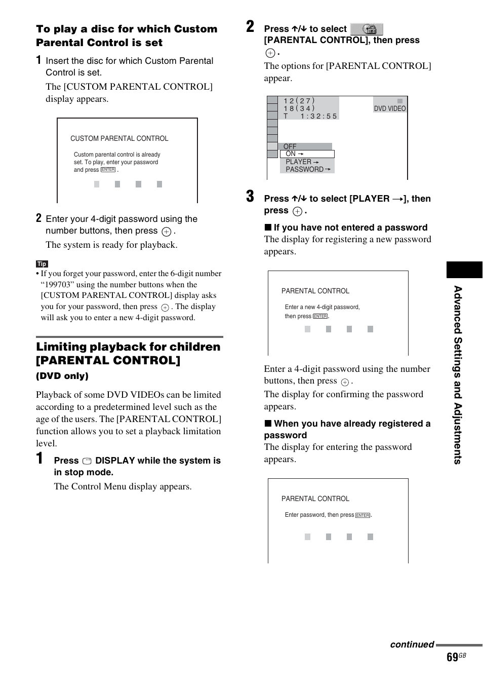 Limiting playback for children [parental control | Sony DAV-DZ530 User Manual | Page 69 / 108