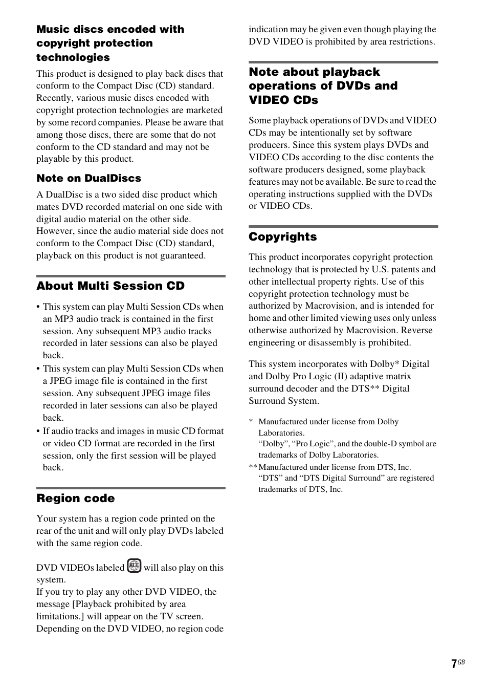 About multi session cd, Region code, Copyrights | Sony DAV-DZ530 User Manual | Page 7 / 108