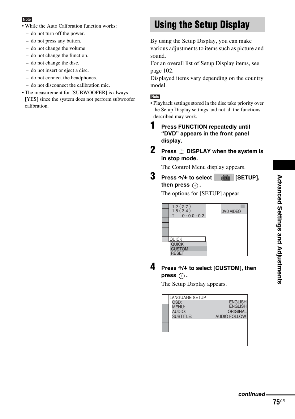 Using the setup display, Using | Sony DAV-DZ530 User Manual | Page 75 / 108
