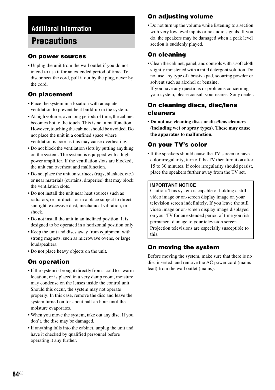 Additional information, Precautions | Sony DAV-DZ530 User Manual | Page 84 / 108
