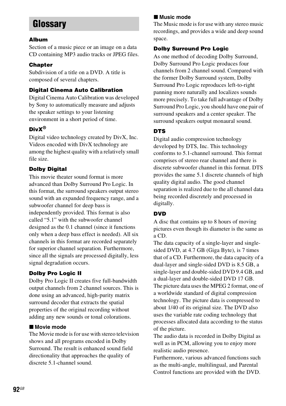 Glossary | Sony DAV-DZ530 User Manual | Page 92 / 108