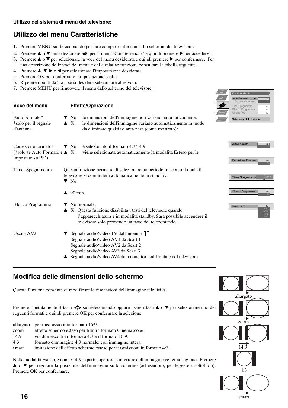 Utilizzo del menu caratteristiche, Modifica delle dimensioni dello schermo | Sony FD Trinitron KV-32FX65 B User Manual | Page 100 / 140