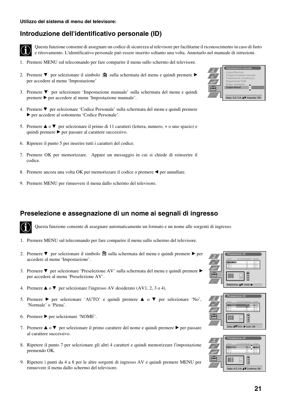 Introduzione dell'identificativo personale (id), Utilizzo del sistema di menu del televisore | Sony FD Trinitron KV-32FX65 B User Manual | Page 105 / 140