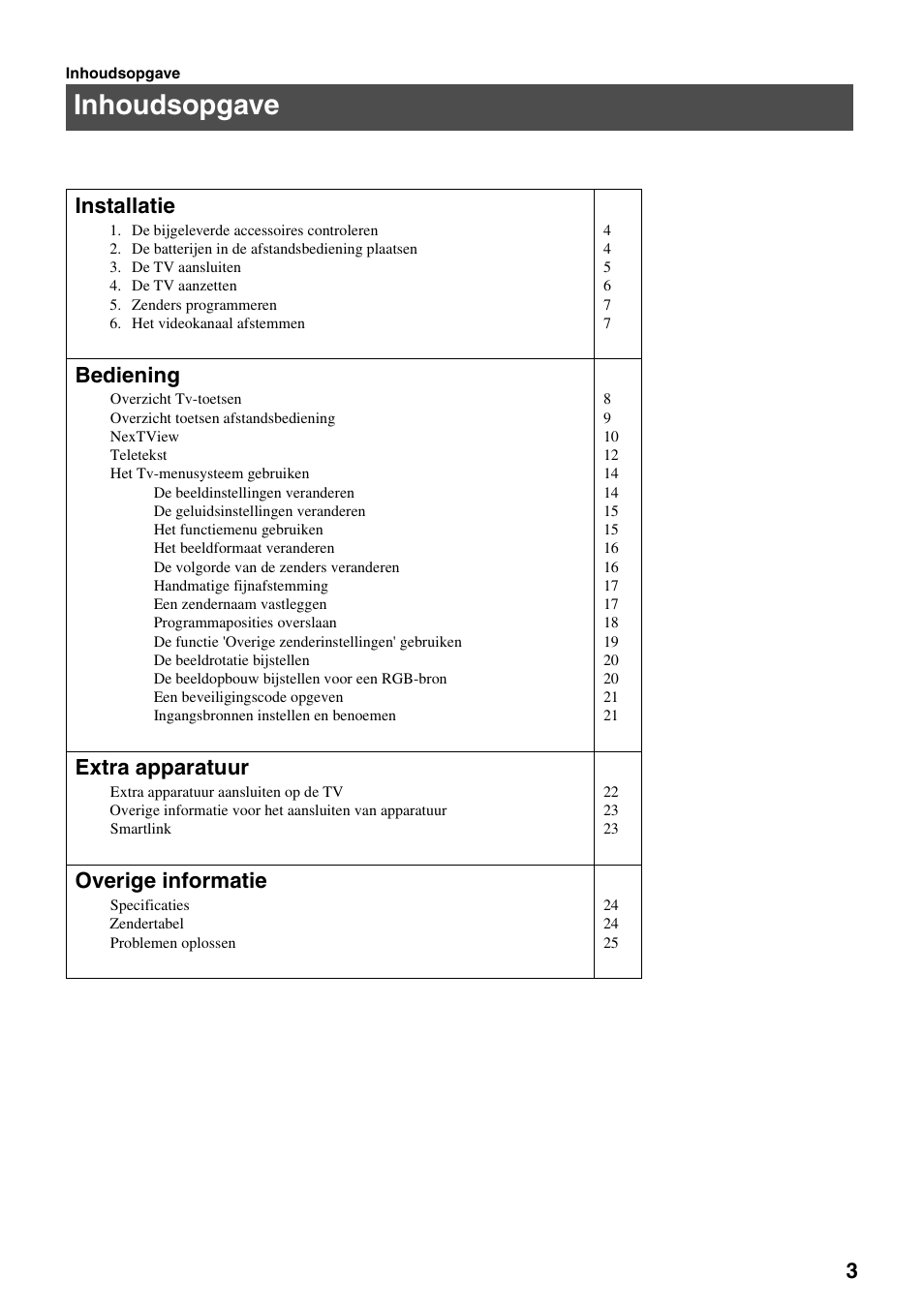 Inhoudsopgave, Installatie, Bediening | Extra apparatuur, Overige informatie | Sony FD Trinitron KV-32FX65 B User Manual | Page 113 / 140