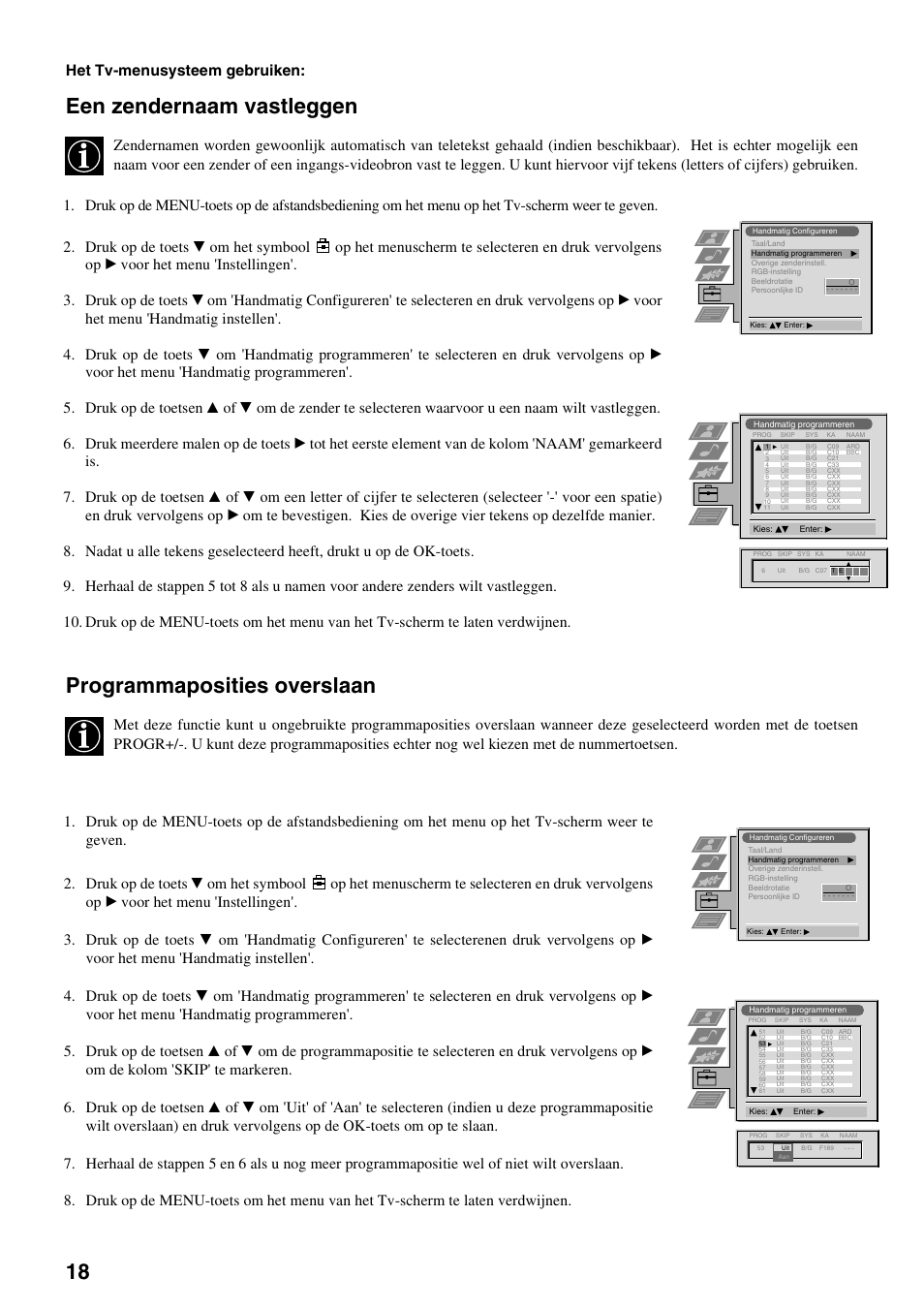 Een zendernaam vastleggen, Programmaposities overslaan, Het tv-menusysteem gebruiken | Sony FD Trinitron KV-32FX65 B User Manual | Page 128 / 140