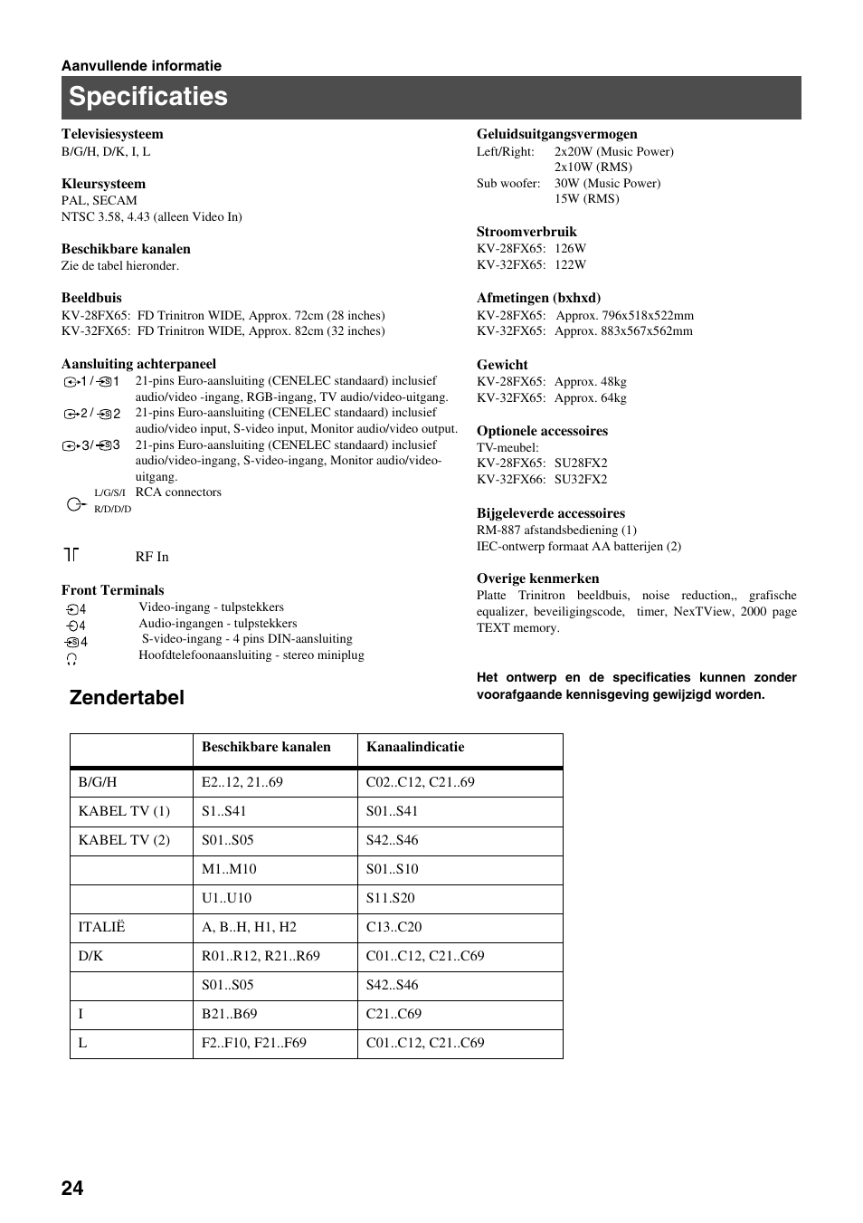 Specificaties, Zendertabel | Sony FD Trinitron KV-32FX65 B User Manual | Page 134 / 140
