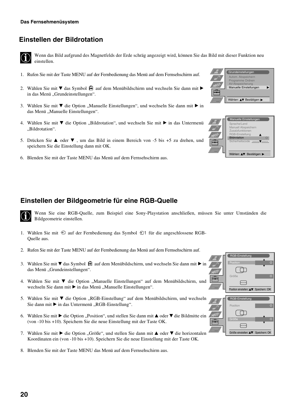 Einstellen der bildgeometrie für eine rgb-quelle, Einstellen der bildrotation | Sony FD Trinitron KV-32FX65 B User Manual | Page 22 / 140