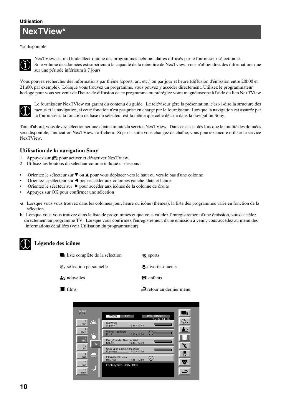 Nextview, Utilisation de la navigation sony, Légende des icônes | Sony FD Trinitron KV-32FX65 B User Manual | Page 38 / 140