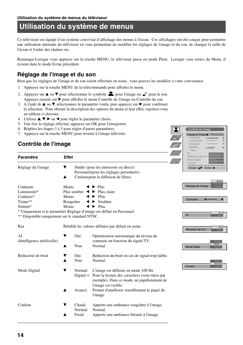 Utilisation du système de menus, Réglage de l'image et du son, Contrôle de l'image | Sony FD Trinitron KV-32FX65 B User Manual | Page 42 / 140