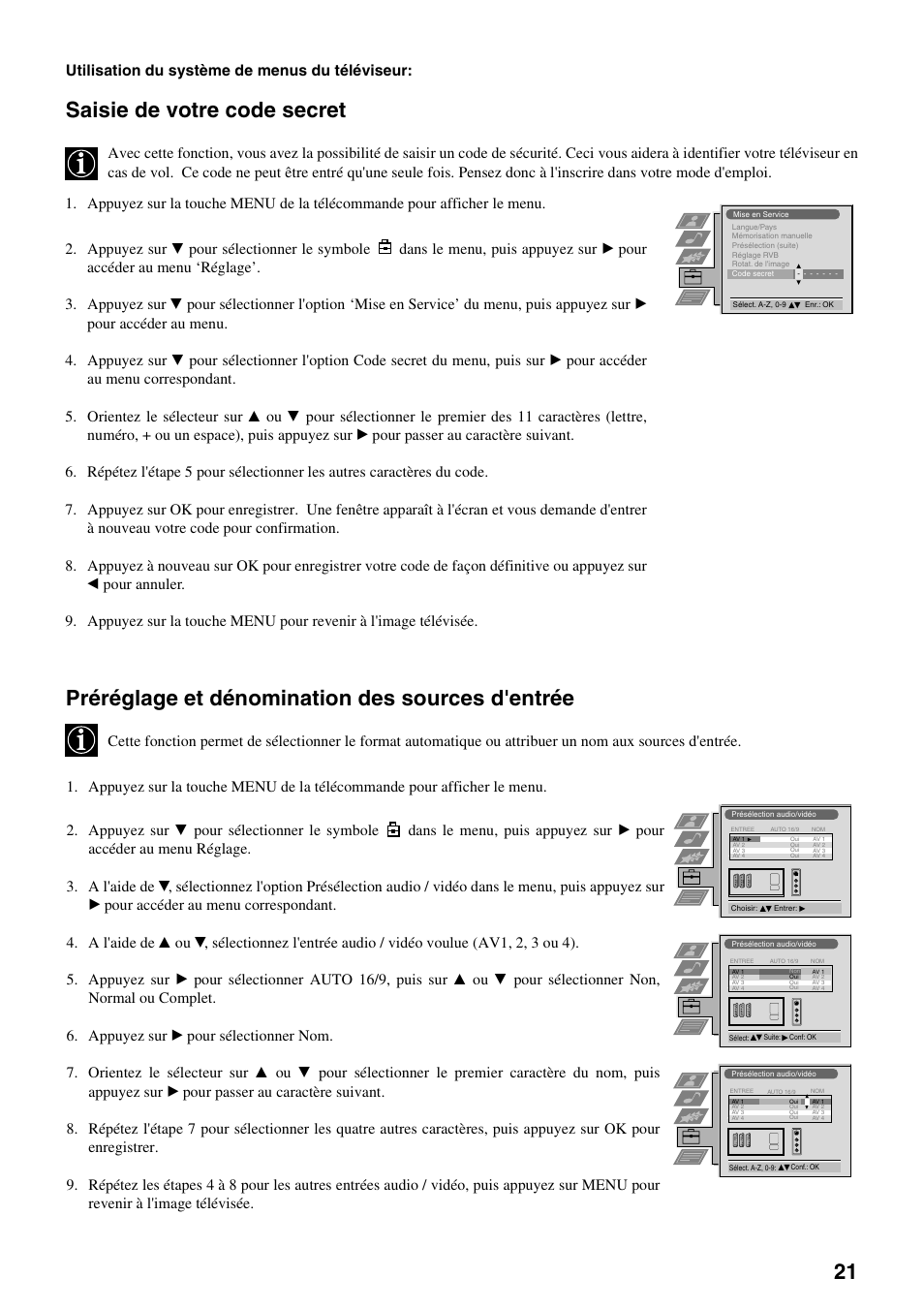 Saisie de votre code secret, Préréglage et dénomination des sources d'entrée, Utilisation du système de menus du téléviseur | Sony FD Trinitron KV-32FX65 B User Manual | Page 49 / 140