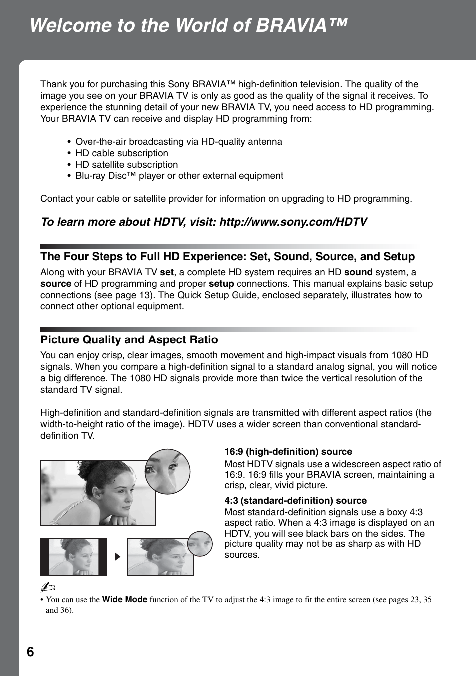 Welcome to the world of bravia, Picture quality and aspect ratio, The four steps to full hd experience: set | Sound, source, and setup | Sony KDF-50E3000 User Manual | Page 6 / 52