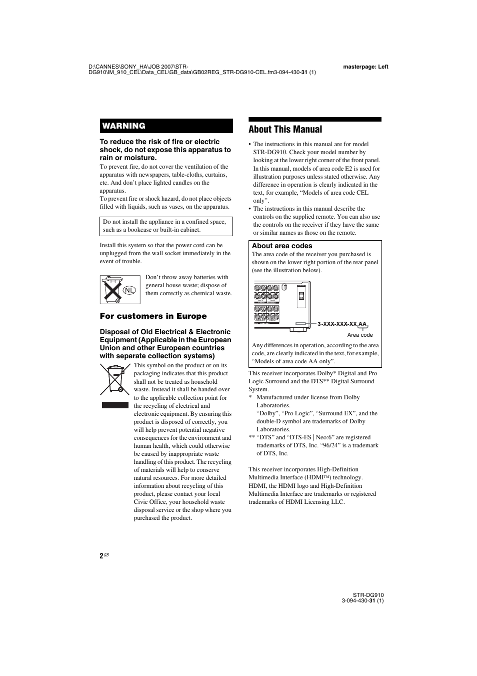 About this manual, For customers in europe, Warning | About area codes | Sony STRDG910 User Manual | Page 2 / 96