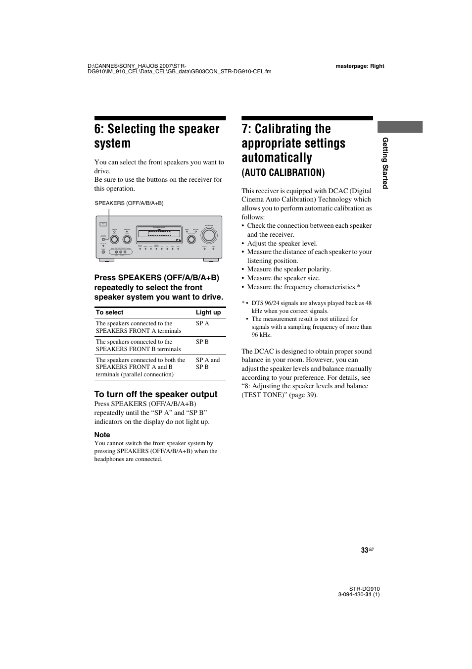 Selecting the speaker system, Automatically (auto calibration), Calibrating the appropriate settings automatically | Auto calibration), Getting star ted | Sony STRDG910 User Manual | Page 33 / 96