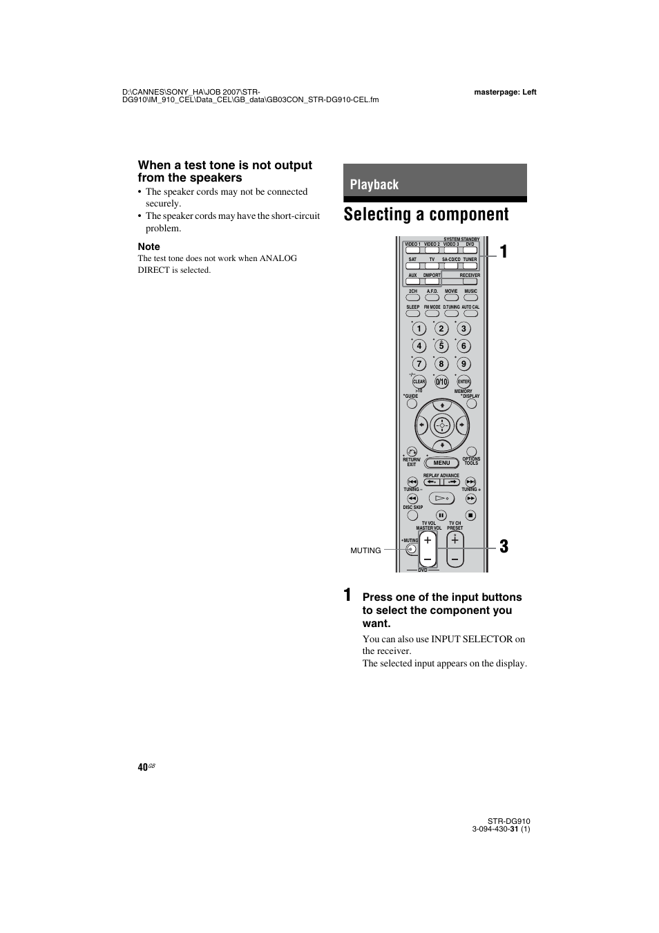 Playback, Selecting a component, Selecting a component 1 | When a test tone is not output from the speakers | Sony STRDG910 User Manual | Page 40 / 96
