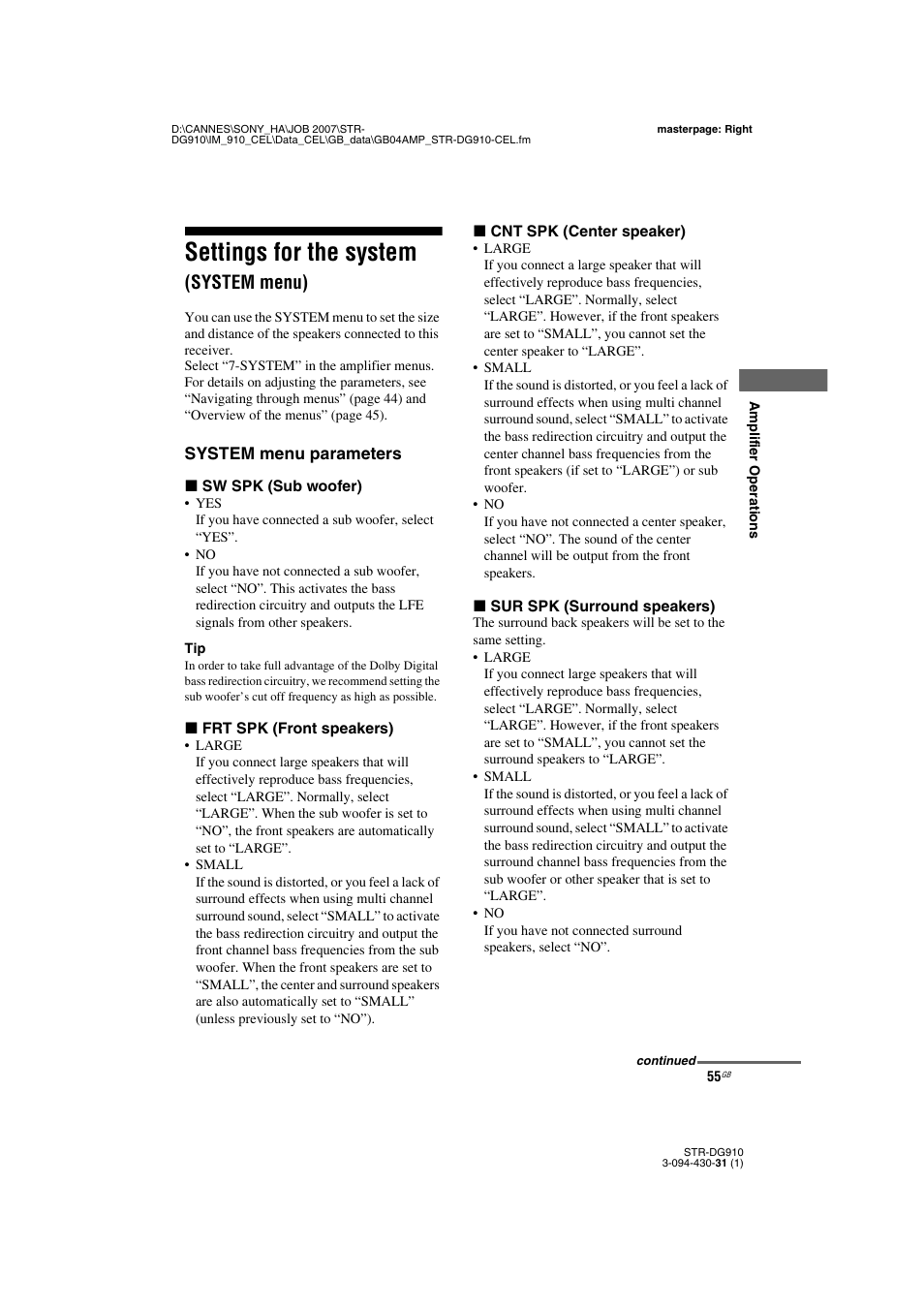 Settings for the system (system menu), Settings for the system, System menu) | Sony STRDG910 User Manual | Page 55 / 96