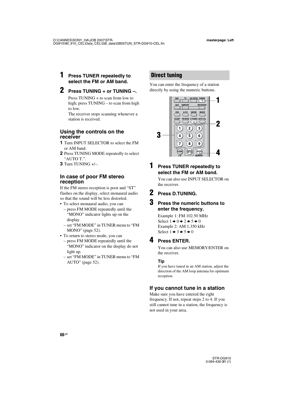 Age 66, Direct tuning, Using the controls on the receiver | If you cannot tune in a station | Sony STRDG910 User Manual | Page 66 / 96