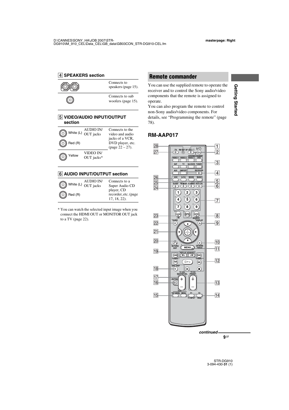Remote commander, Rm-aap017, Getting star ted | Sony STRDG910 User Manual | Page 9 / 96