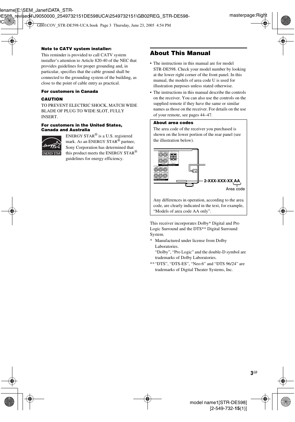 About this manual | Sony STR-DE598 User Manual | Page 3 / 56