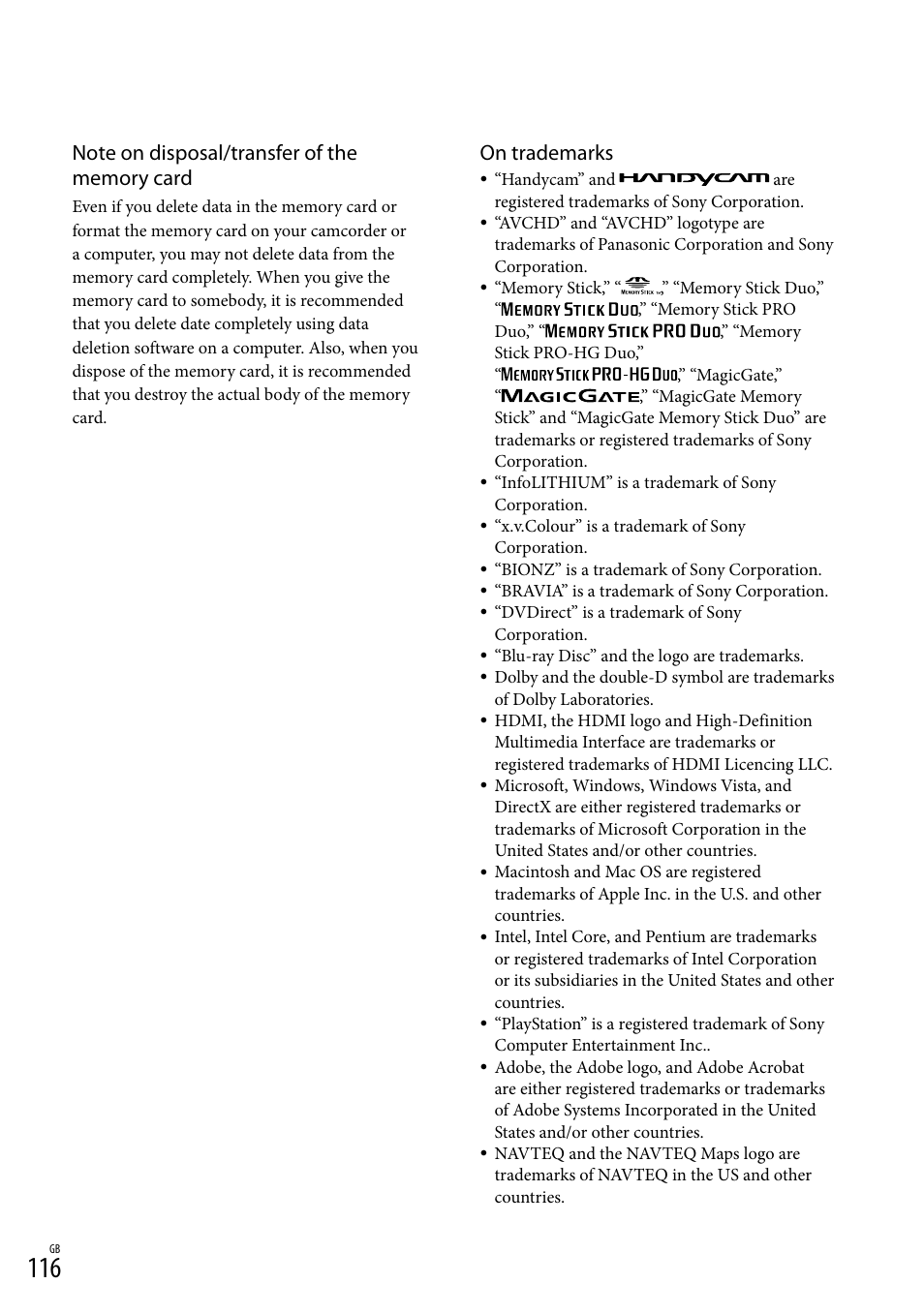 On trademarks | Sony XR550E User Manual | Page 116 / 127