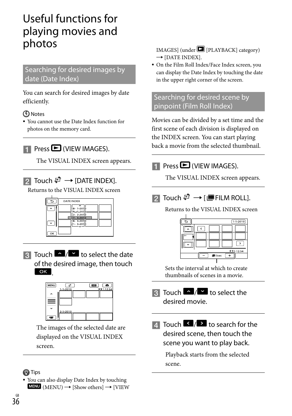Useful functions for playing movies and photos, Searching for desired images by date (date index) | Sony XR550E User Manual | Page 36 / 127