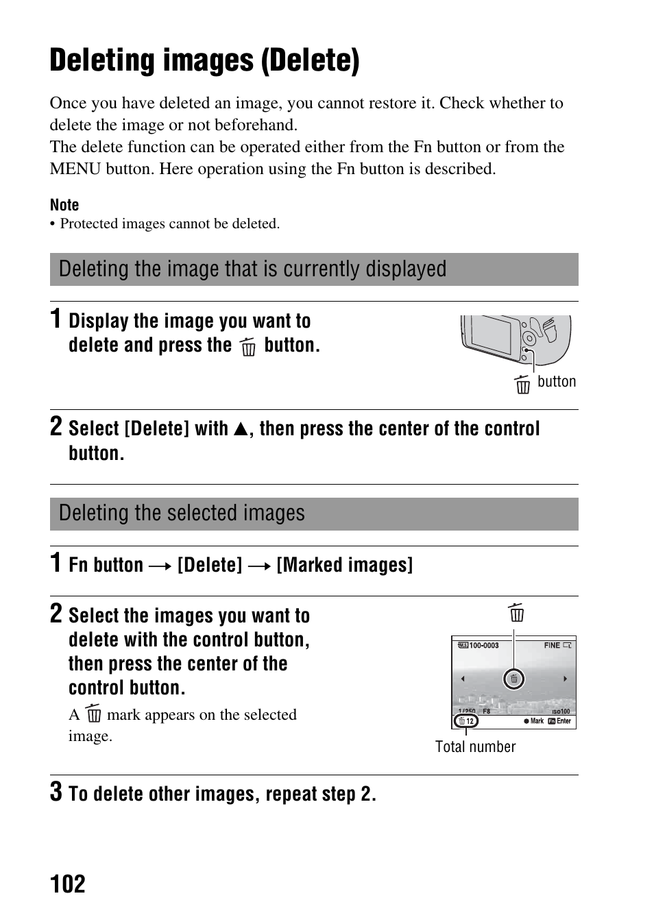 Deleting images (delete), Tton (102), Delete (102) | Sony Alpha 230 User Manual | Page 102 / 162