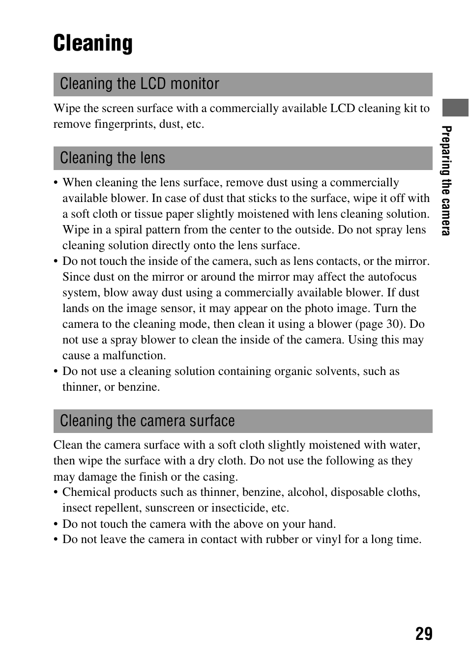 Cleaning | Sony Alpha 230 User Manual | Page 29 / 162