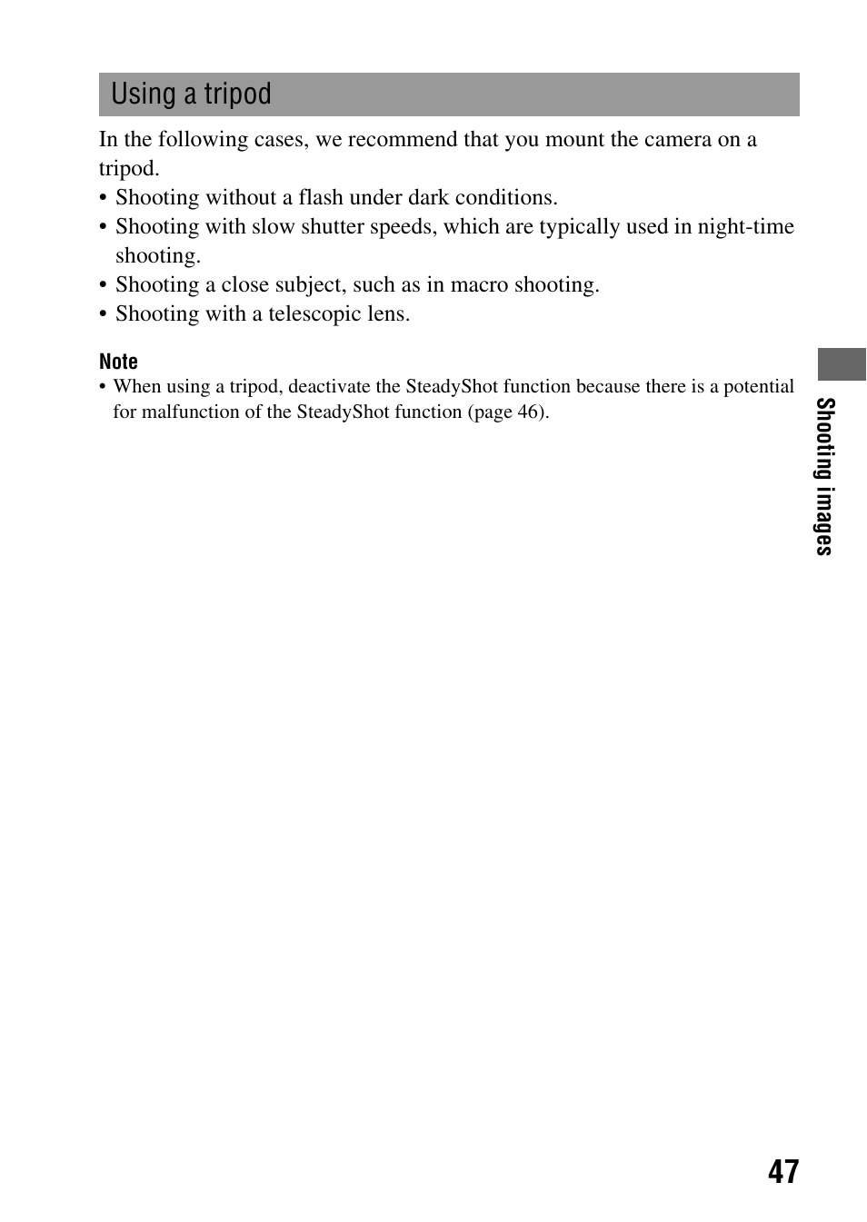 Using a tripod | Sony Alpha 230 User Manual | Page 47 / 162