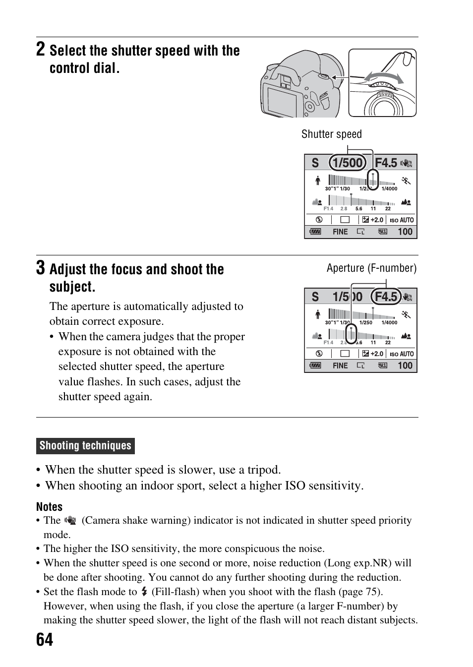Select the shutter speed with the control dial, Adjust the focus and shoot the subject | Sony Alpha 230 User Manual | Page 64 / 162
