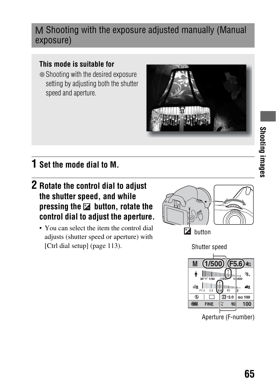Shooting with the exposure adjusted manually, Manual exposure) | Sony Alpha 230 User Manual | Page 65 / 162