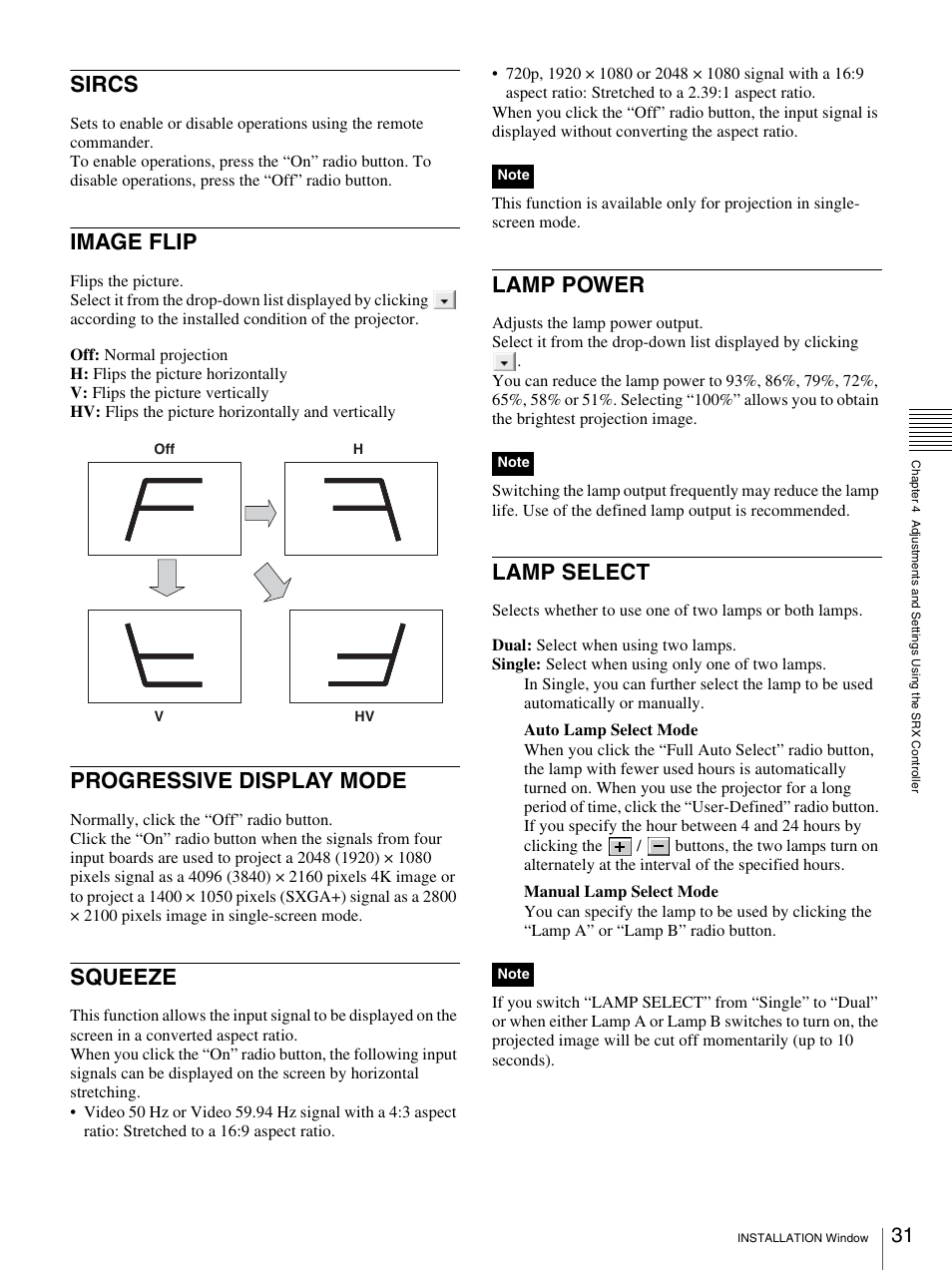 Sircs, Image flip, Progressive display mode | Squeeze, Lamp power, Lamp select | Sony SRX-T110 User Manual | Page 31 / 43