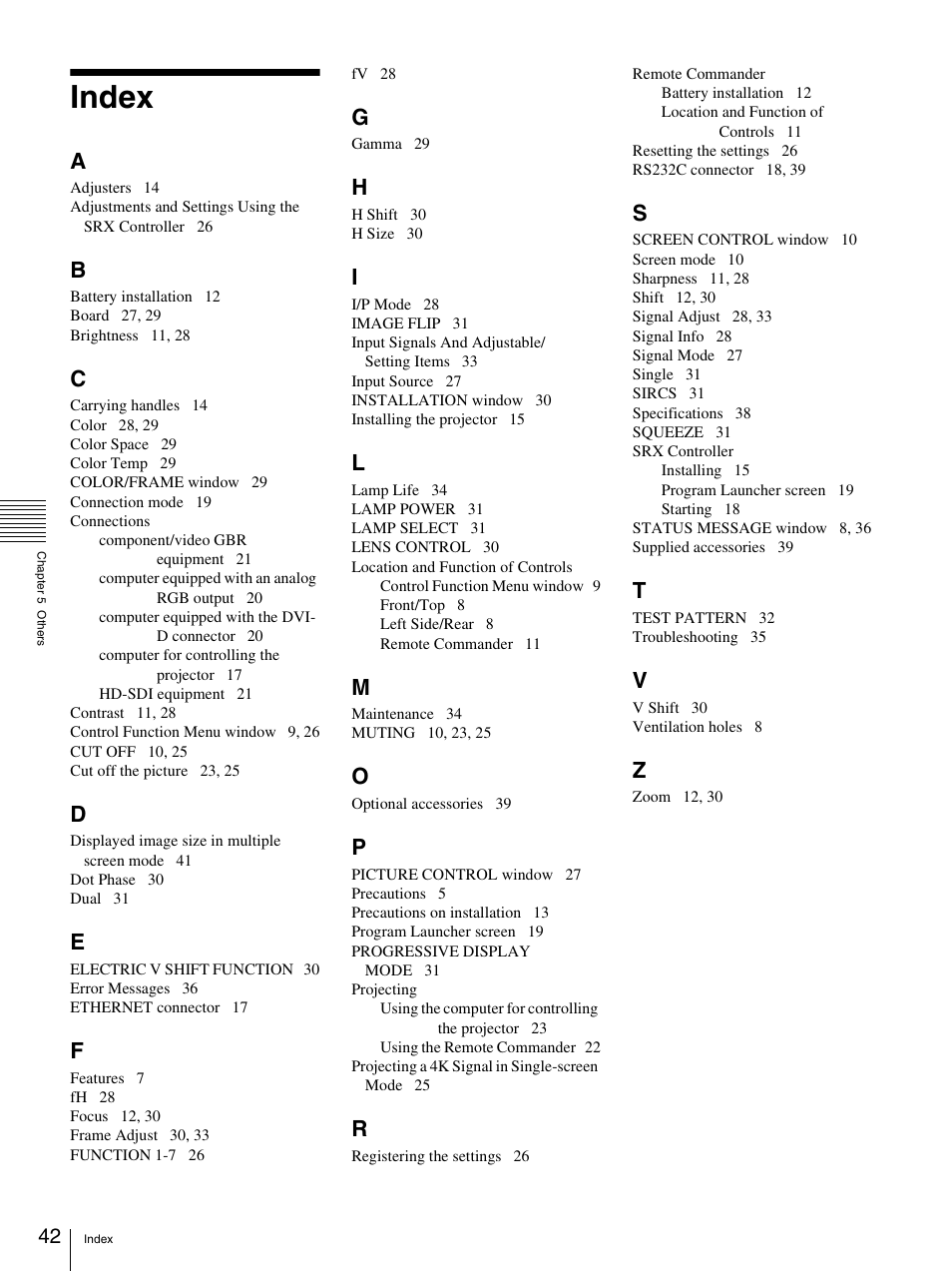 Index | Sony SRX-T110 User Manual | Page 42 / 43