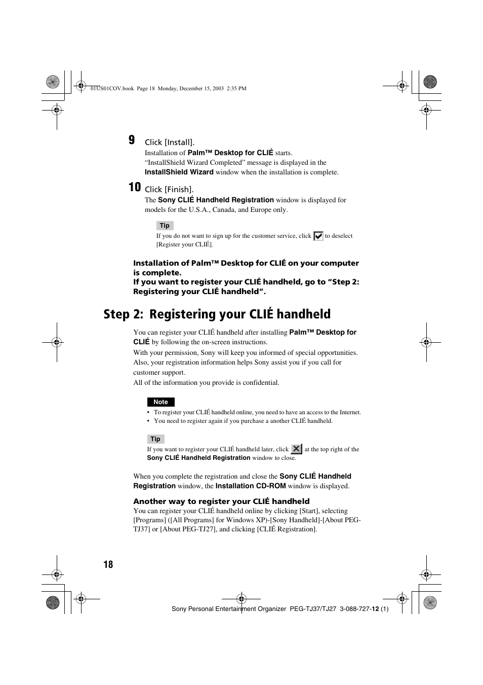 Step 2: registering your clié handheld, Registering your clié handheld | Sony PEG-TJ37 User Manual | Page 18 / 84