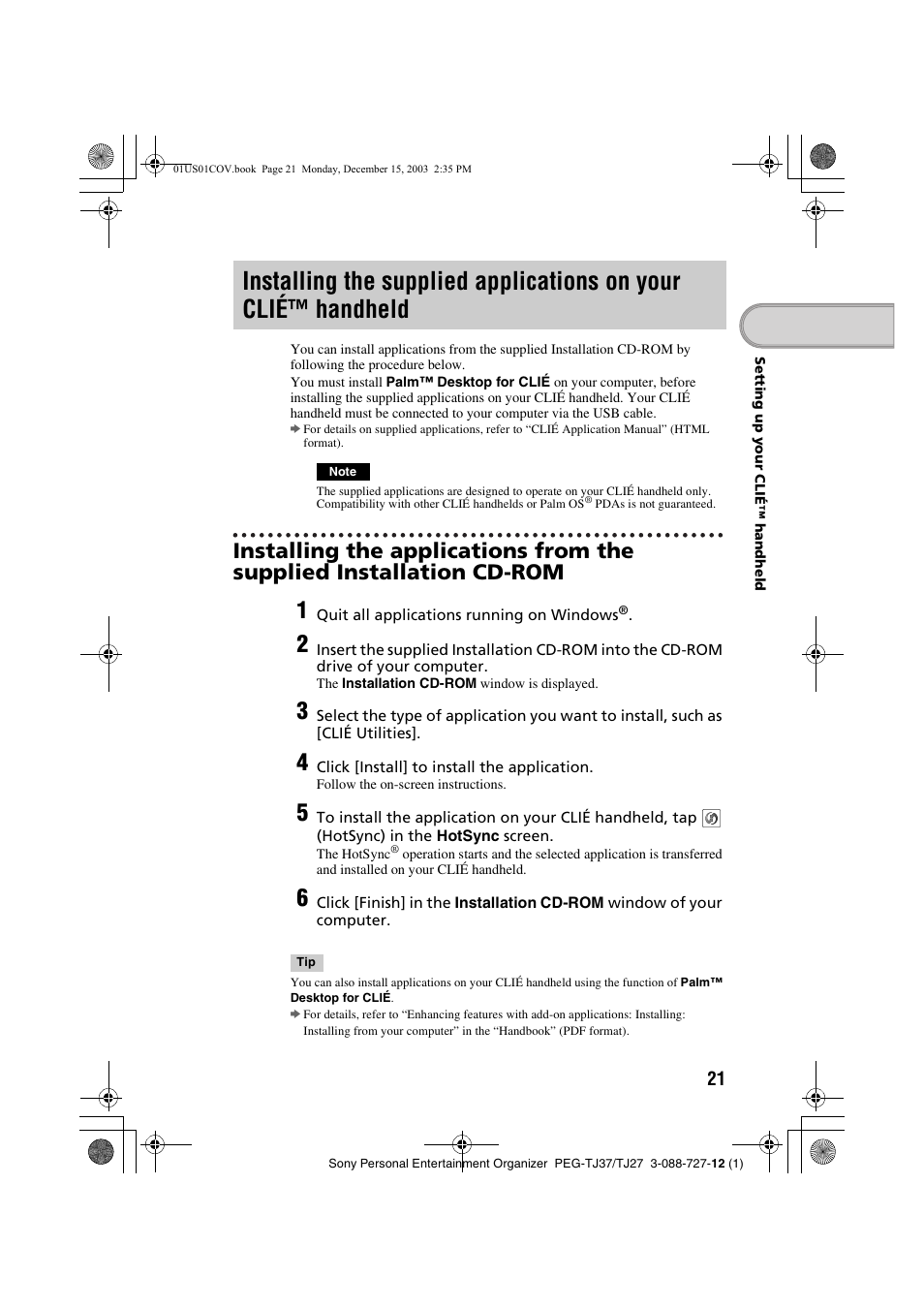 Installing the supplied applications, On your clié™ handheld | Sony PEG-TJ37 User Manual | Page 21 / 84