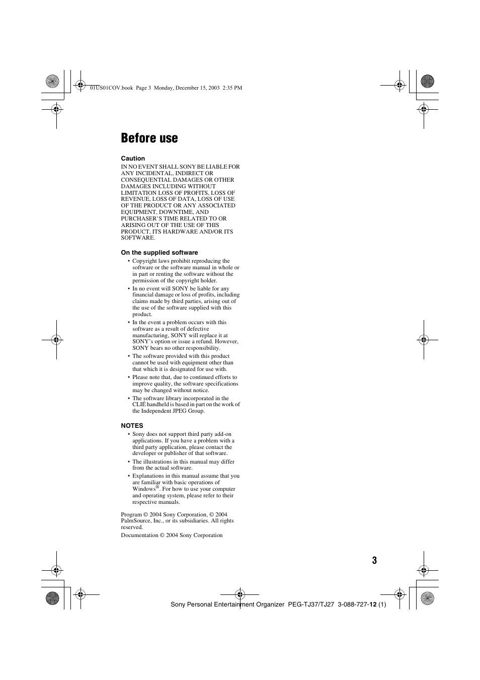 Before use | Sony PEG-TJ37 User Manual | Page 3 / 84