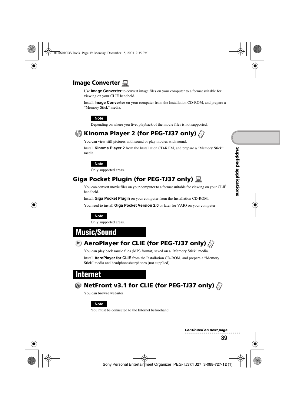 Image converter, Kinoma player 2 (for peg-tj37 only), Giga pocket plugin (for peg-tj37 only) | Music/sound, Aeroplayer for clie (for peg-tj37 only), Internet, Netfront v3.1 for clie (for peg-tj37 only) | Sony PEG-TJ37 User Manual | Page 39 / 84